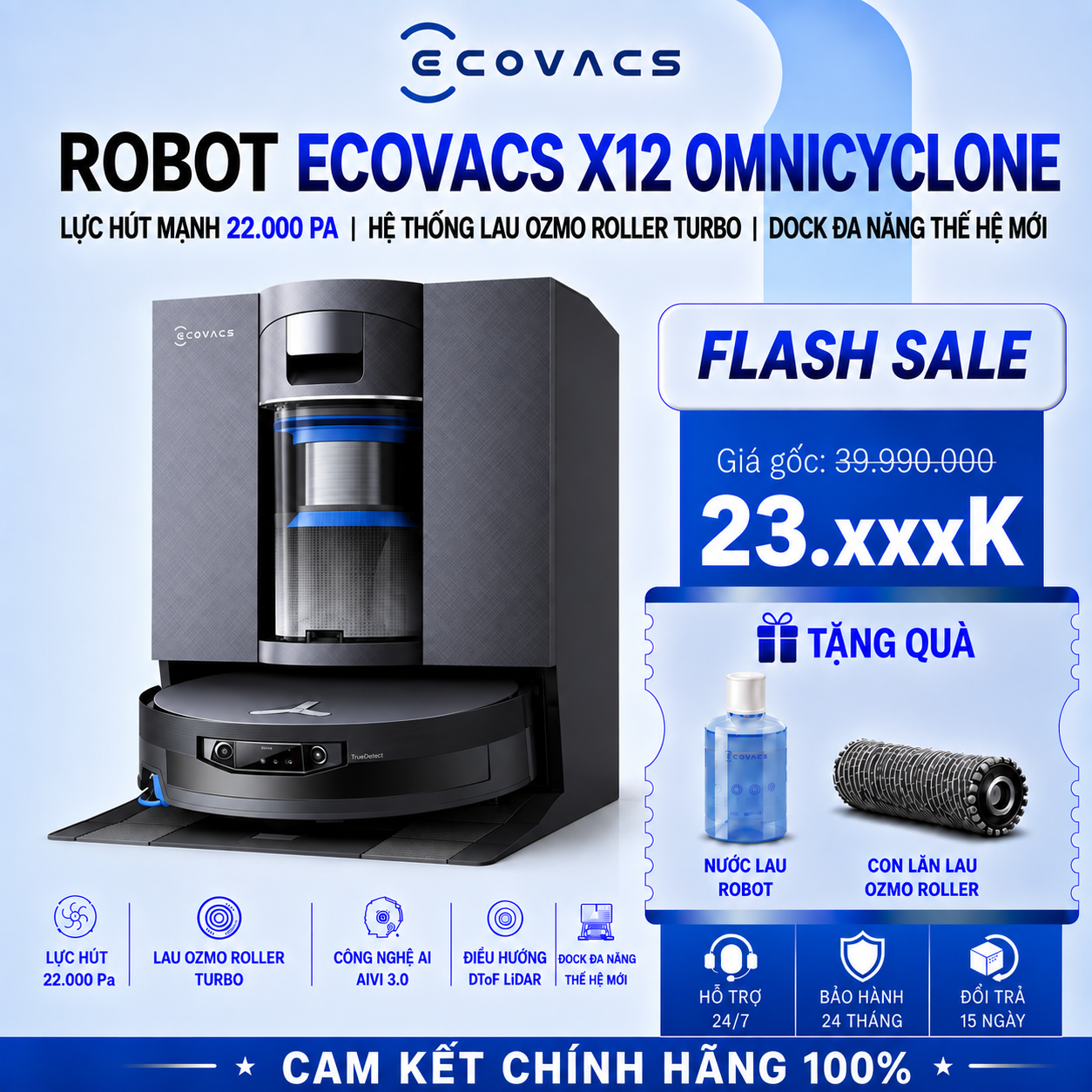 Robot Hút Bụi Ecovacs Deebot X12 OmniCyclone | Lực Hút 22.000 Pa