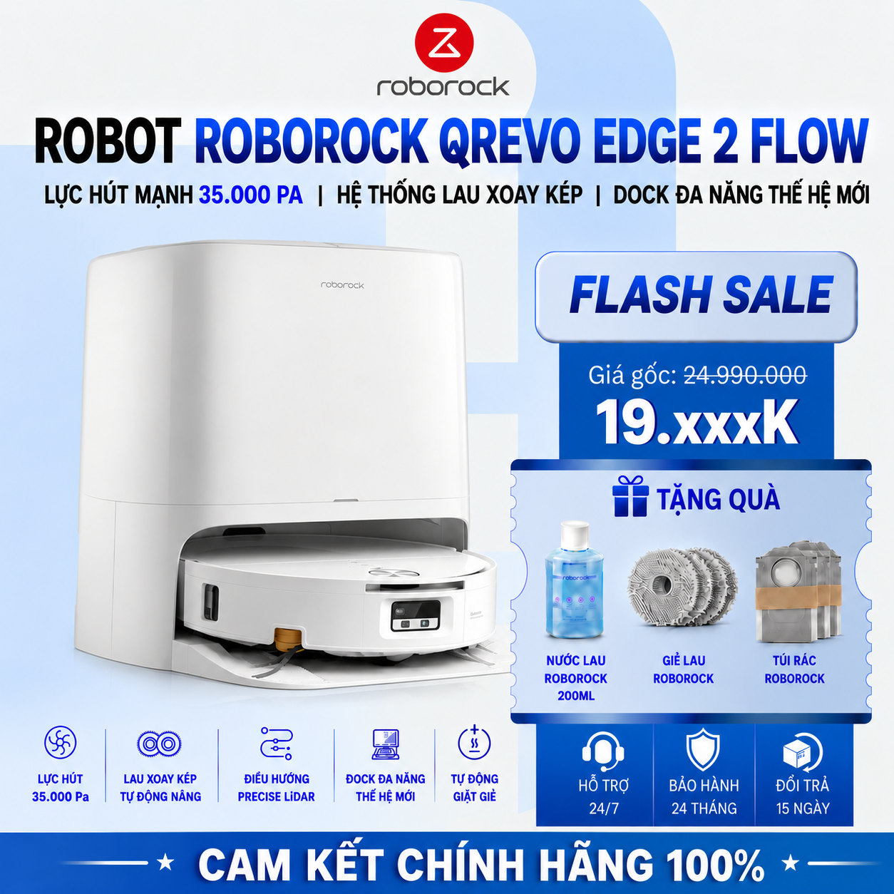 Robot Hút Bụi Roborock QRevo Edge 2 Flow | Lực Hút 35.000 Pa
