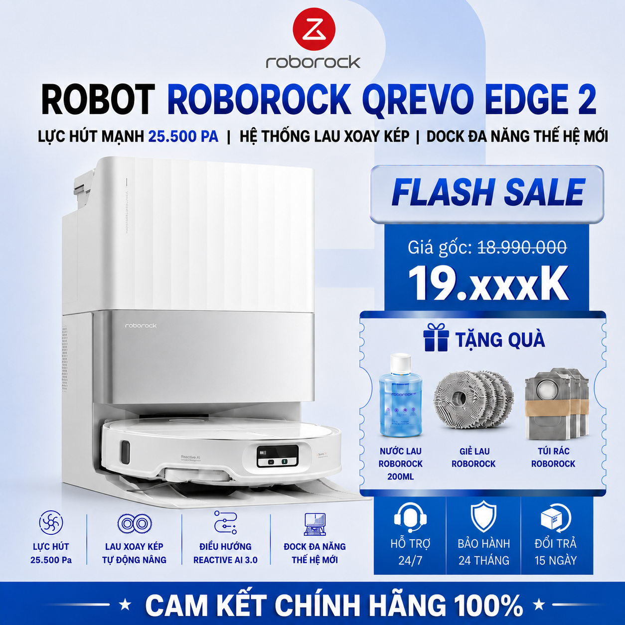 Robot Hút Bụi Lau Nhà Roborock QRevo Edge 2 | Lực Hút 25.000 Pa