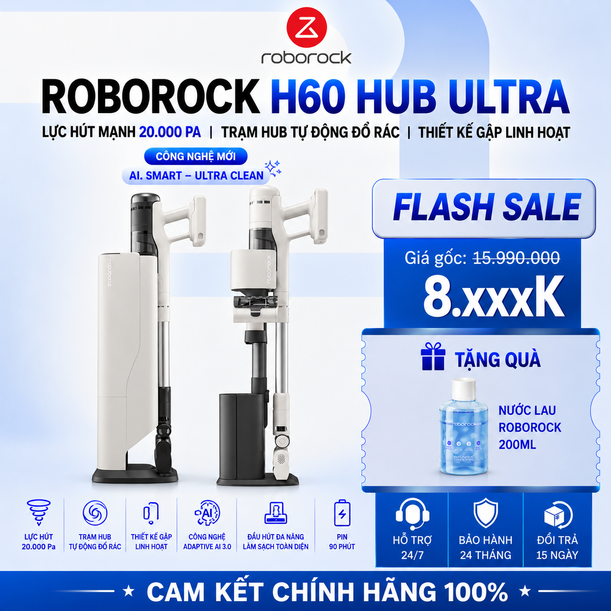 Máy Hút Bụi Cầm Tay Roborock H60 Hub Ultra | Lực Hút 22.000 Pa