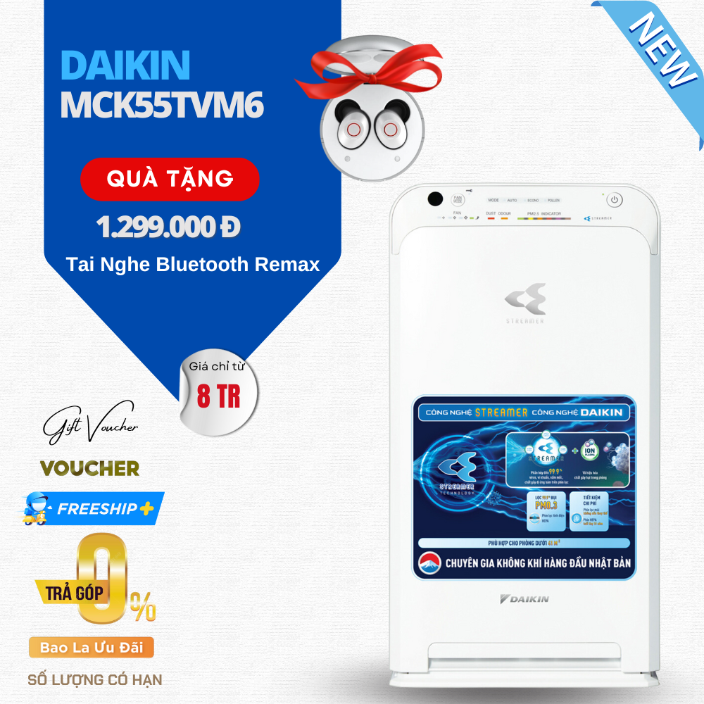 Máy Lọc Không Khí Daikin MCK55TVM6 Công nghệ Streamer 3C Tích Hợp Ion Plasma Lõi Lọc Tuổi Thọ Lên Đến 10 Năm, Diệt Khuẩn Và Lọc Sạch 99,97% Bụi Bẩn, Diện Tích Sử Dụng 40 m2, Công Suất 58W - Hàng Chính Hãng