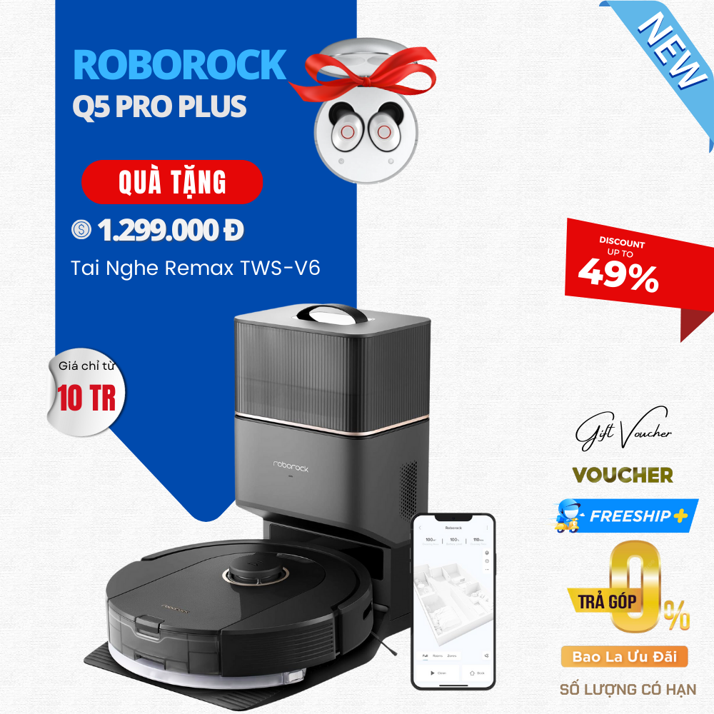 Robot Hút Bụi Lau Nhà Roborock Q5 Pro Plus Series – 2023 Tự Đổ Rác Lực Hút Cải Tiến 5500 Pa - Hàng Chính Hãng