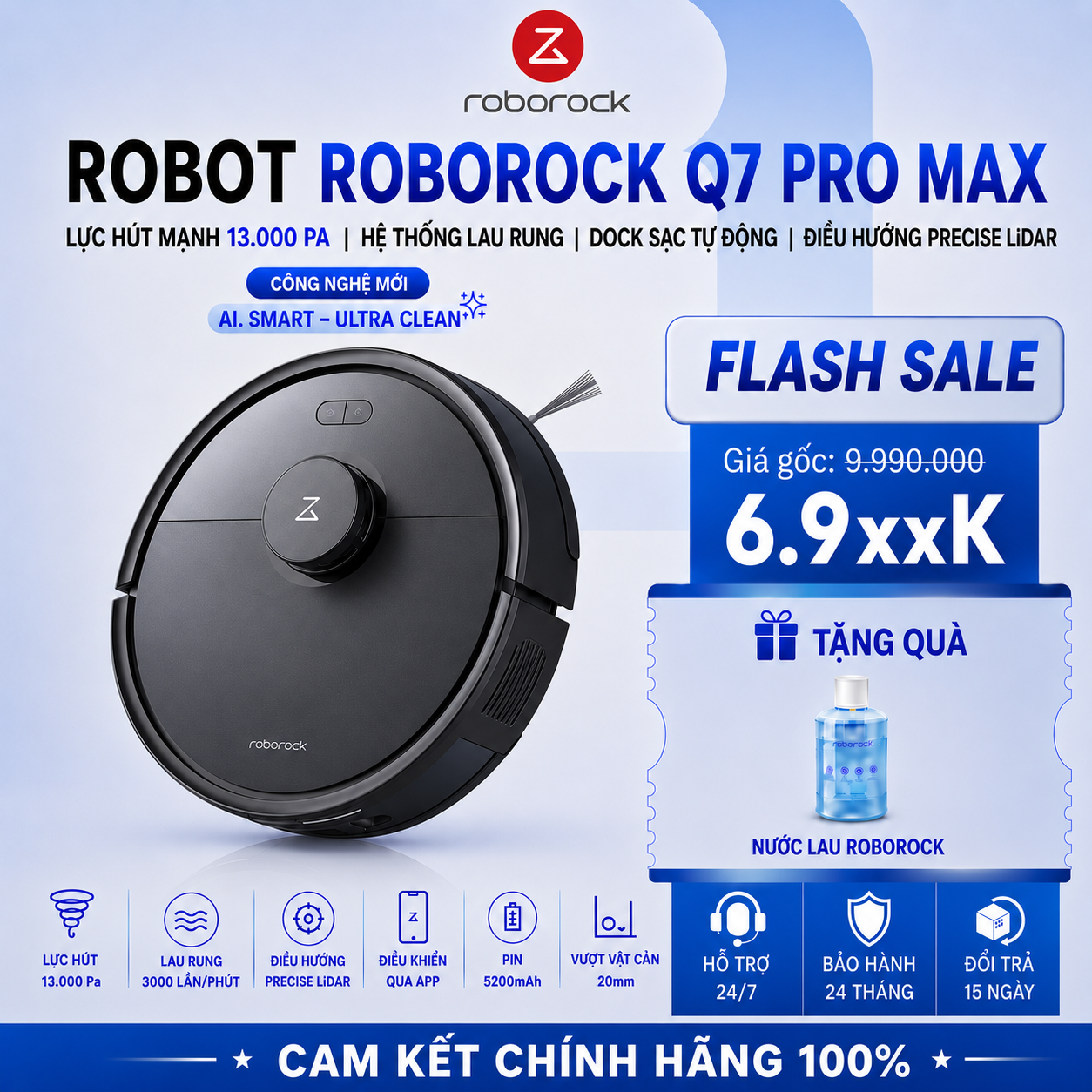 Robot Hút Bụi Roborock Q7 Pro Max | Lực Hút 13.000 Pa