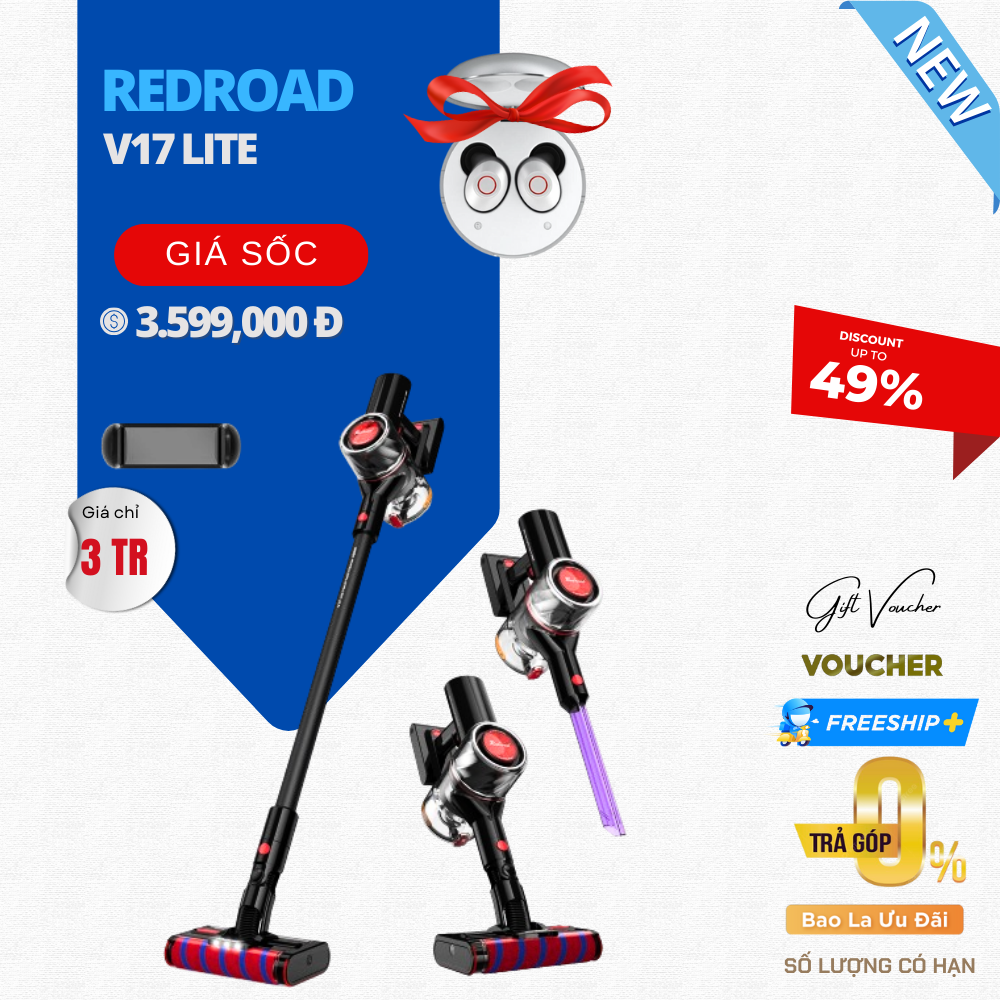 Máy Hút Bụi Xiaomi Redroad V17 Lite Lực Hút 26.500 Pa Công Suất 150W - Hàng Chính Hãng