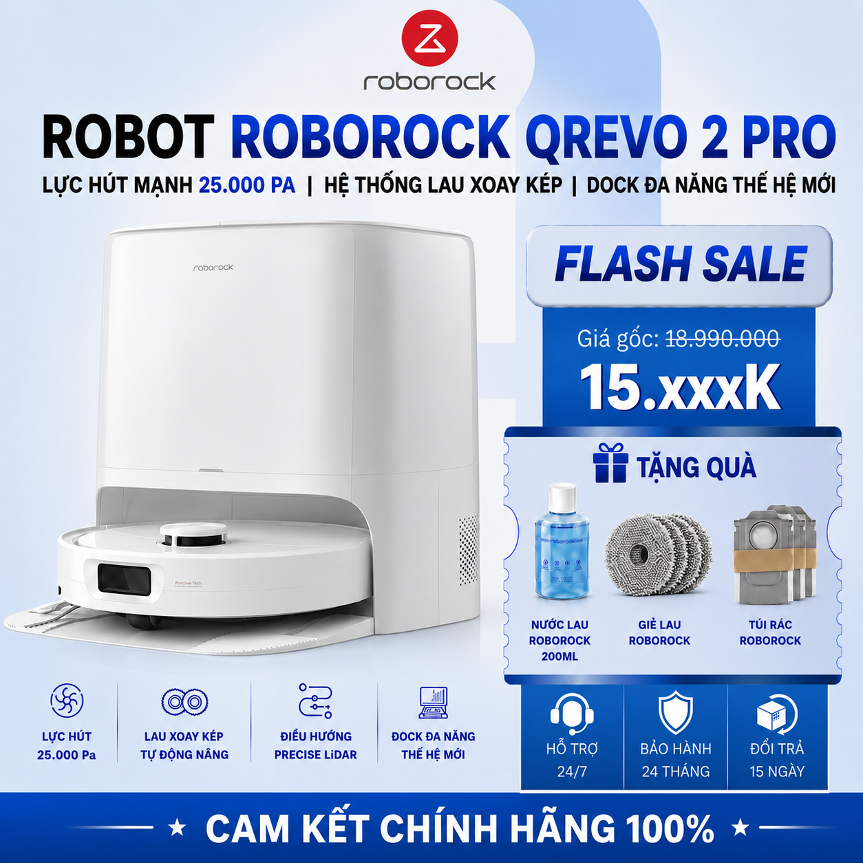 Robot Hút Bụi Lau Nhà Roborock Qrevo 2 Pro Lực Hút 25.000 Pa - Chính Hãng