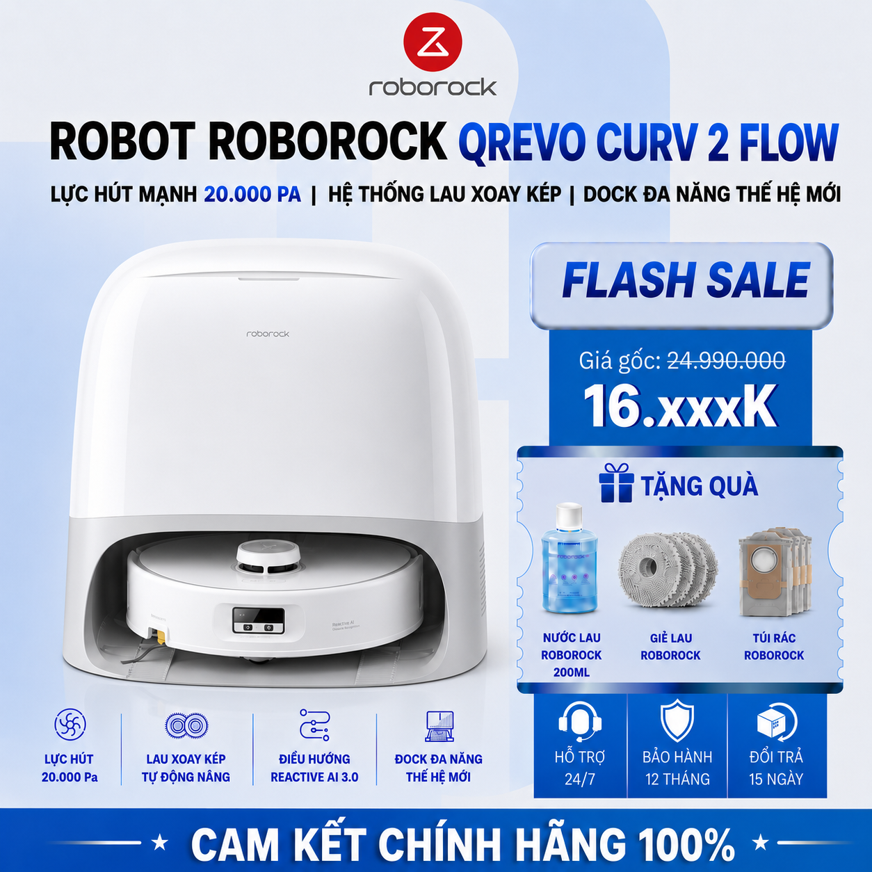 Robot Hút Bụi Lau Nhà Roborock QRevo Curv 2 Flow | Lực Hút 20.000 Pa