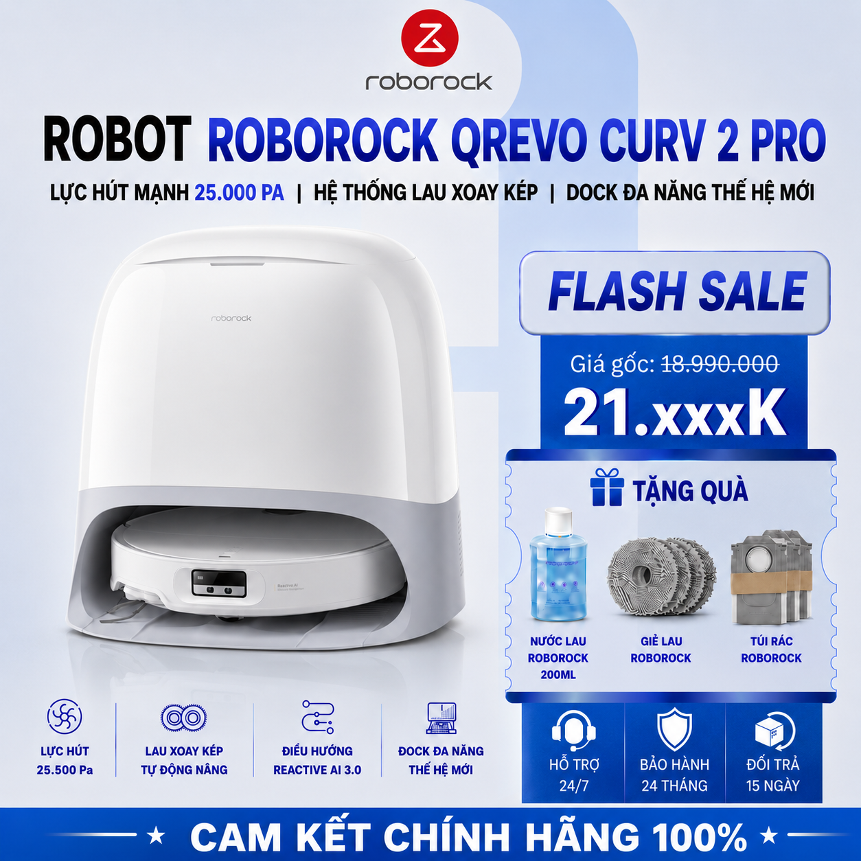 Robot Hút Bụi Lau Nhà Roborock QRevo Curv 2 Pro | Lực Hút 25.000Pa