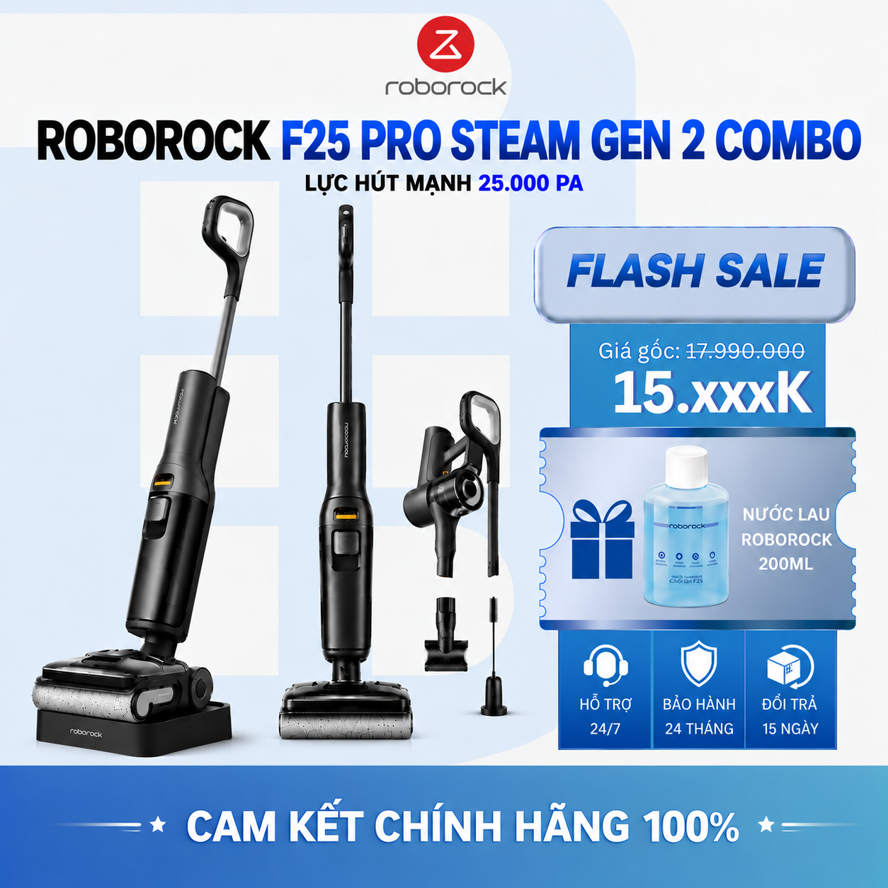 Máy Lau Nhà Roborock F25 Pro Steam Gen 2 Combo | Lực Hút 25.000 Pa
