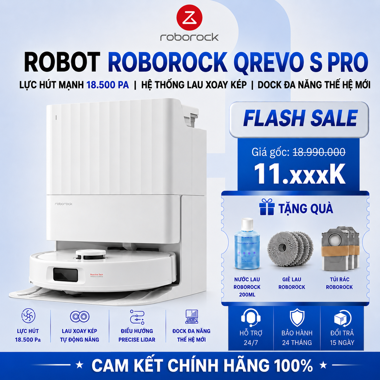 Robot Hút Bụi Lau Nhà Roborock QRevo S Pro | Lực Hút 18.500 Pa