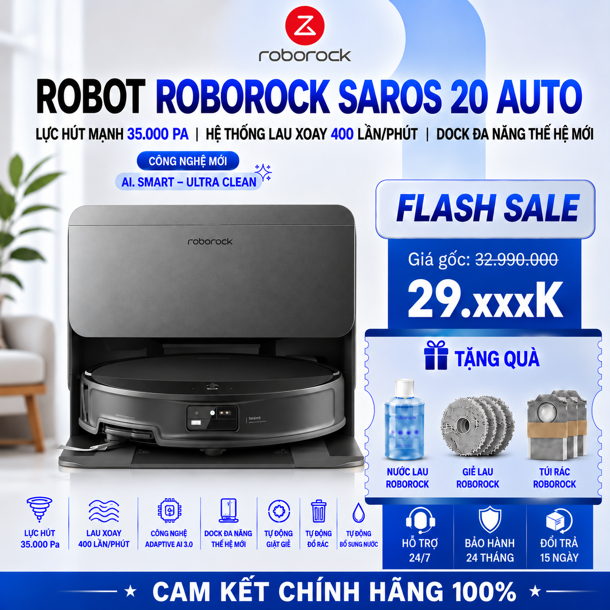 Robot Hút Bụi Roborock Saros 20 Auto | Cấp Xả Nước Tự Động | Lực Hút 35.000 Pa