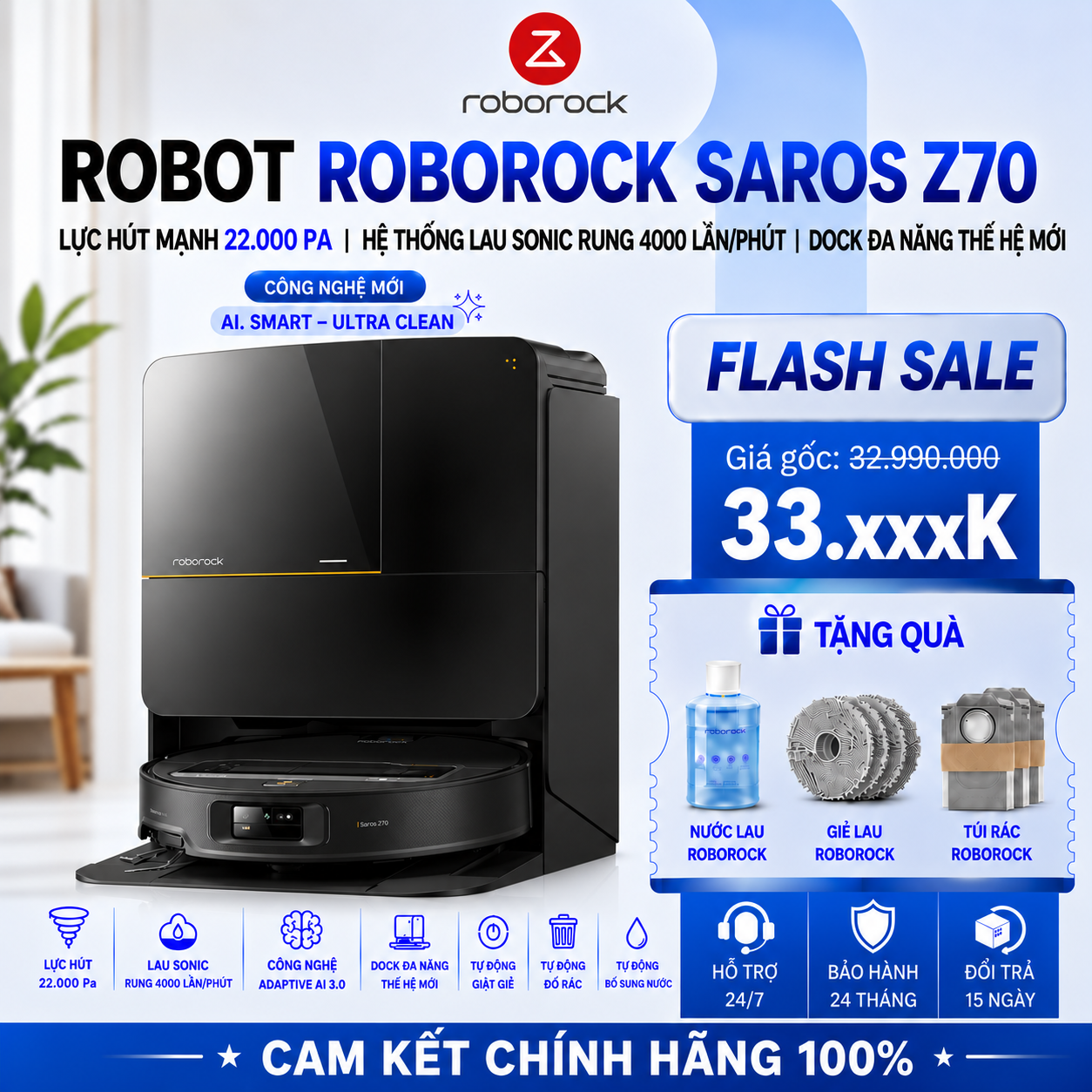 Robot Hút Bụi Lau Nhà Roborock Saros Z70 | Lực Hút 22.000 Pa