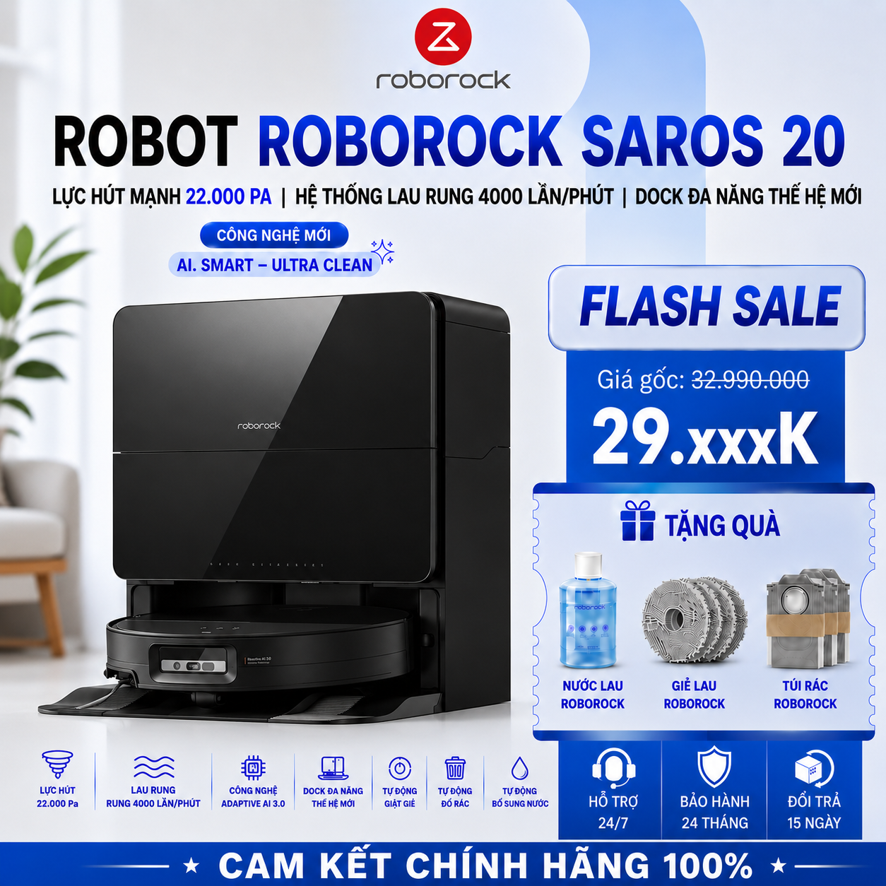 Robot Hút Bụi Roborock Saros 20 | Cấp Xả Nước Tự động | Lực Hút 35.000 Pa