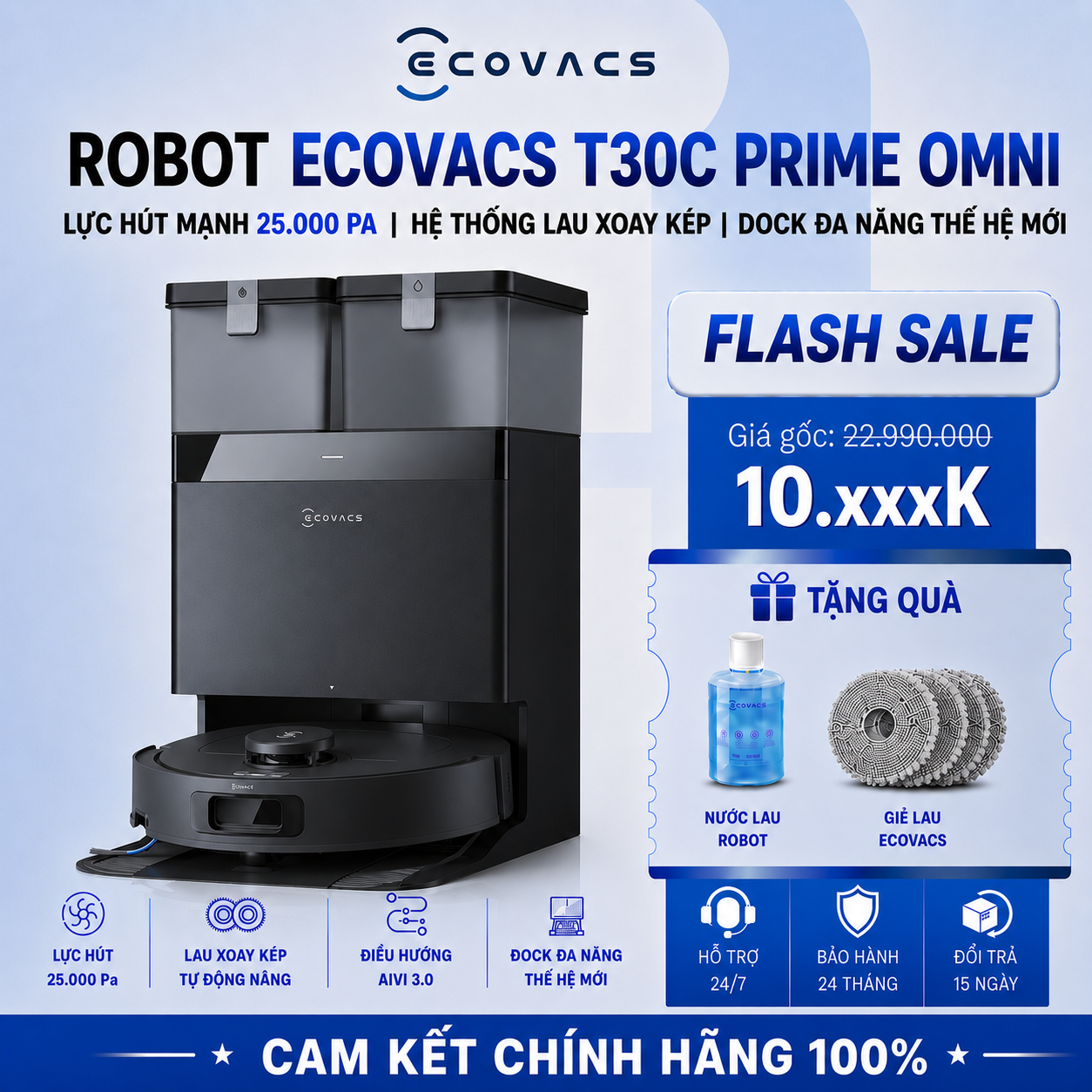 Robot Hút Bụi Ecovacs Deebot T30C Prime Omni | Lực Hút 25.000 Pa
