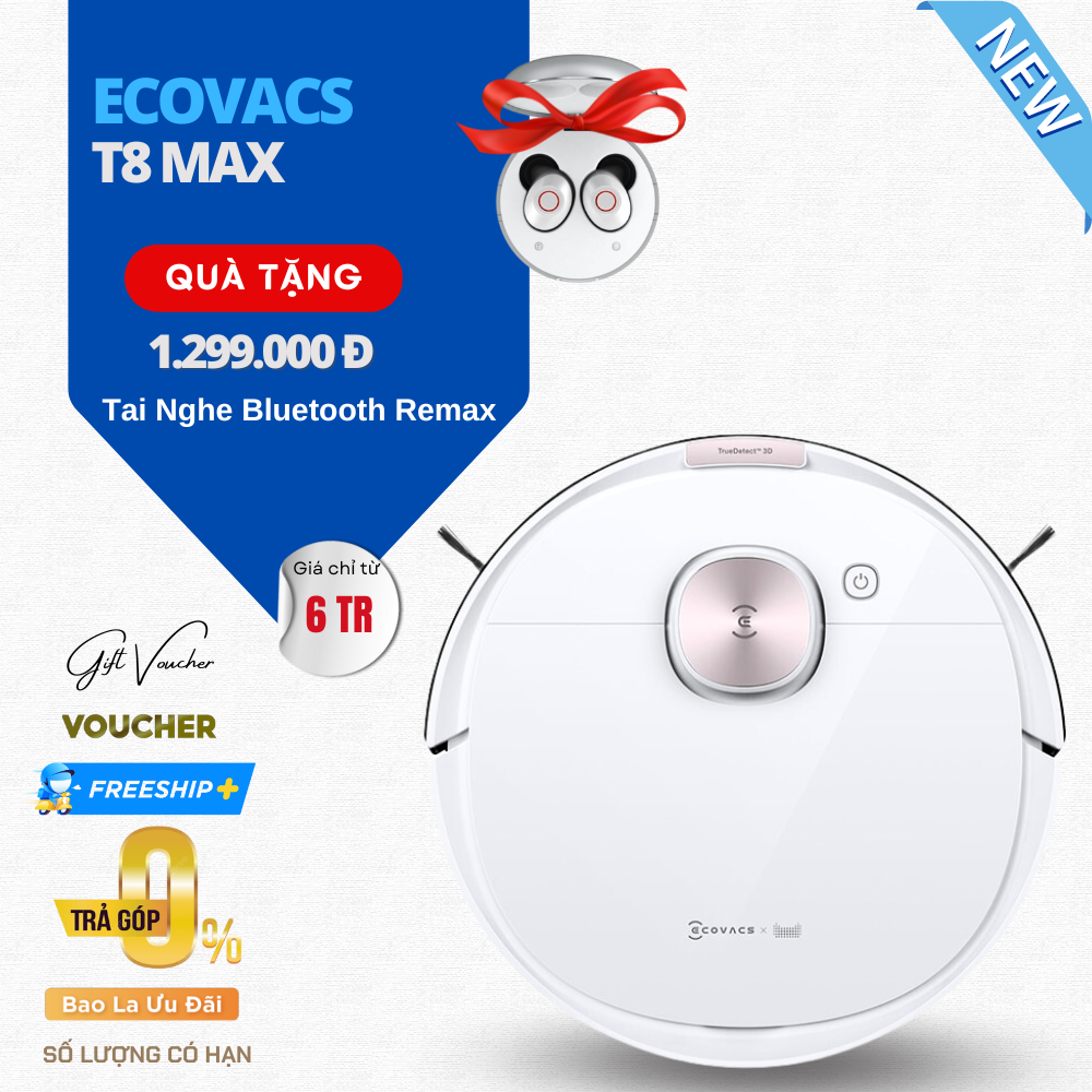 Robot Hút Bụi Lau Nhà Ecovacs Deebot T8 Max Công nghệ OMO 2.0 Lực Hút 1600 Pa - Hàng Chính Hãng