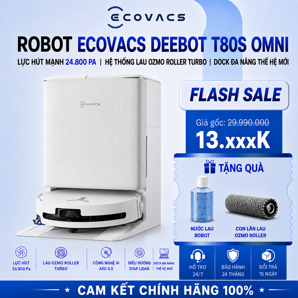 Robot Hút Bụi Ecovacs Deebot T80s Omni | Lực Hút 25.000 Pa