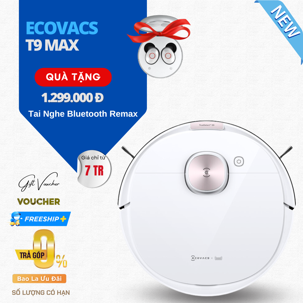 Robot Hút Bụi Lau Nhà Ecovacs Deebot T9 Max Kết Nối App Khử Mùi Công nghệ OMO 2.0, Lực Hút 2600 Pa- Hàng Chính Hãng