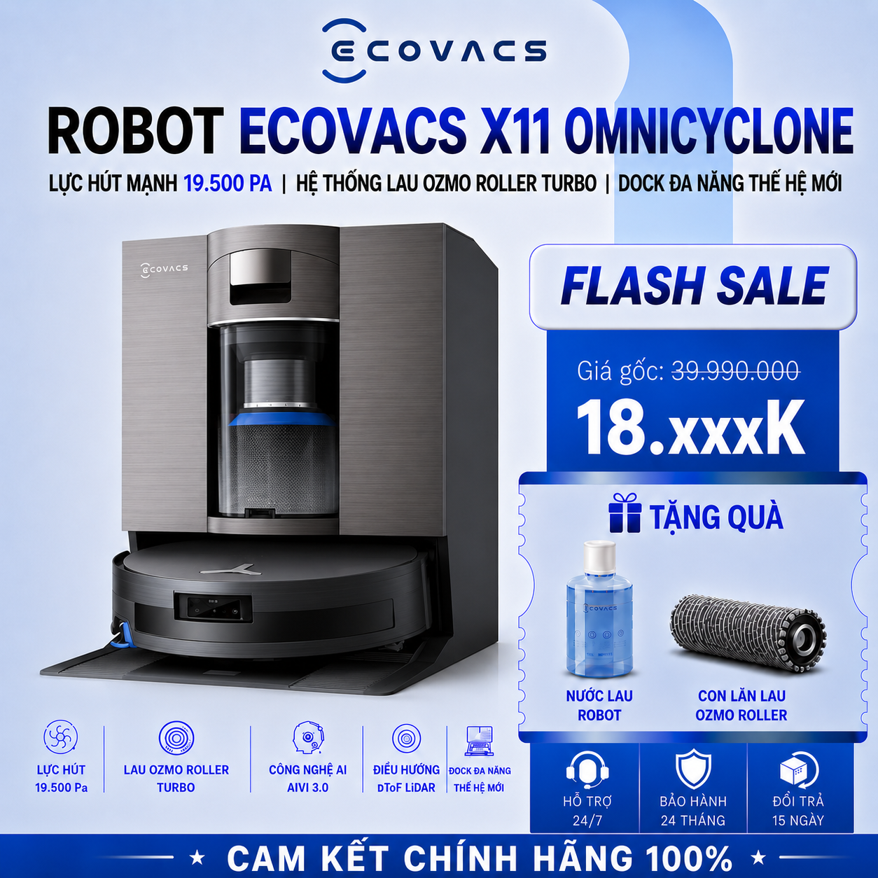 Robot Hút Bụi Ecovacs Deebot X11 OmniCyclone | Lực Hút 19.500 Pa