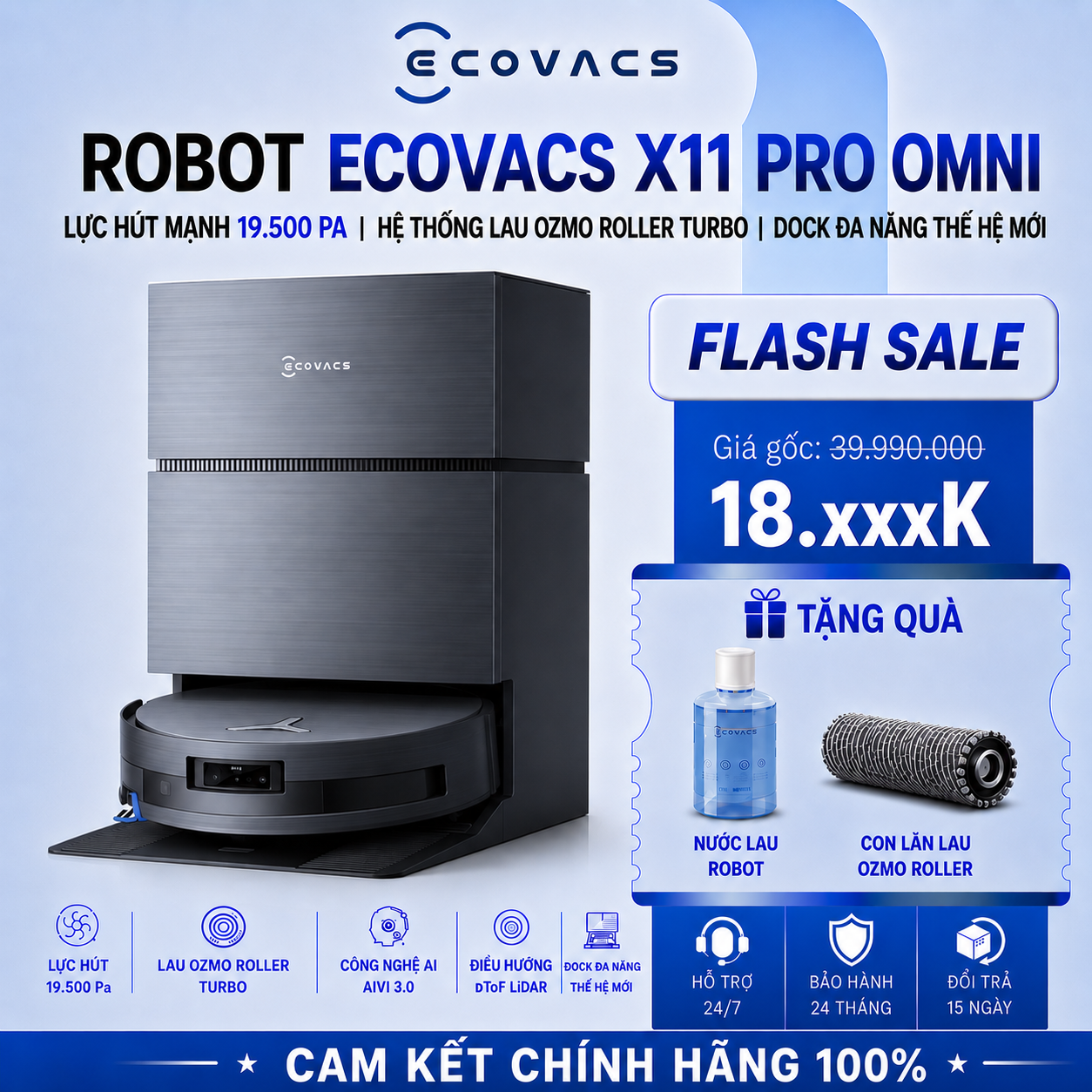 Robot Hút Bụi Ecovacs Deebot X11 Pro Omni | Lực Hút 19.500 Pa