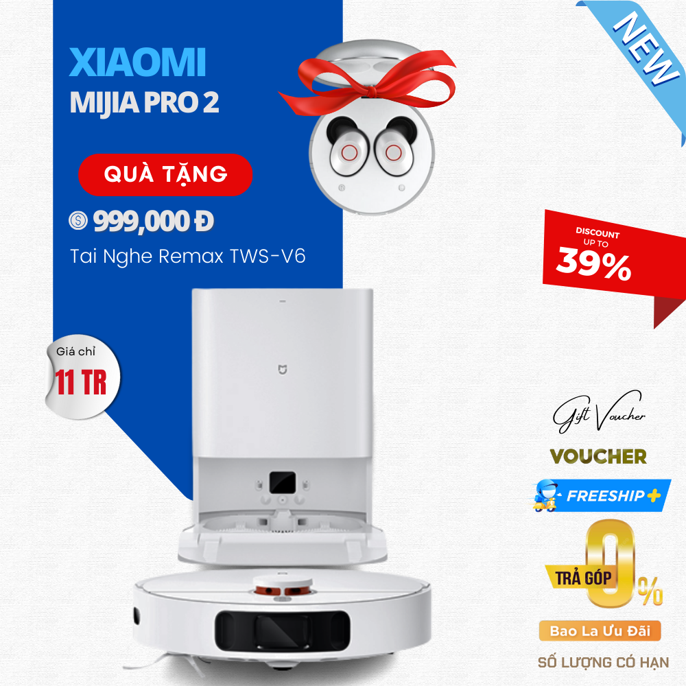 Robot Hút Bụi Lau Nhà XIAOMI Mijia Pro 2 - 2023 Tự Giặt Giẻ, Bơm Nước Và Sấy Khô Nhiệt Độ Cao Diện Tích Hoạt Động 250m2 Lực Hút 4000 Pa Công Suất 60 W  - Hàng Chính Hãng