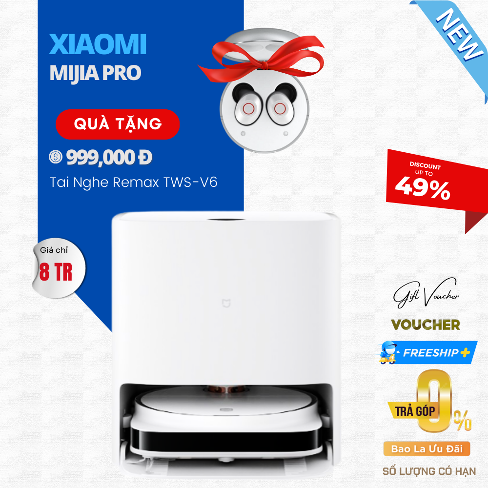 Robot Hút Bụi Lau Nhà Xiaomi Mijia Pro Giặt Khăn Lau Tự Động Diện Tích Hoạt Động 200m2 Công Suất 55 W Áp Suất 3000 Pa - Hàng Chính Hãng