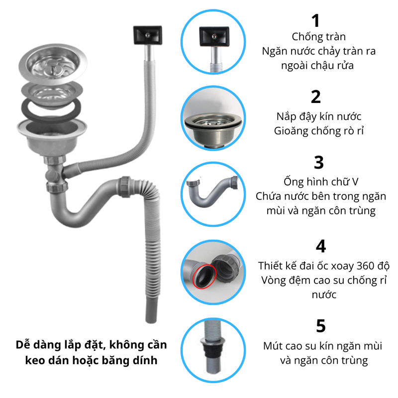 Xi phông ống xả chậu rửa chén bát 1 hố RC-152