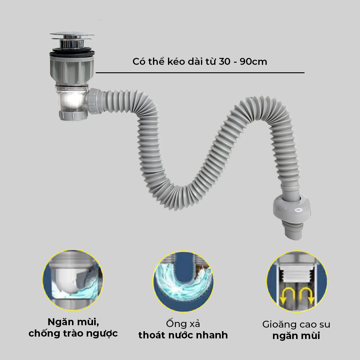 Xi phông chậu rửa tay xả nhấn mặt inox RC-903