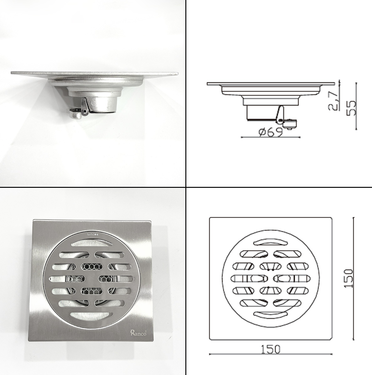 Phễu thoát sàn, ga thoát sàn ngăn mùi RANCO 15cm inox 304 ngăn rác thoát nước nhanh phi 69 RO-256A