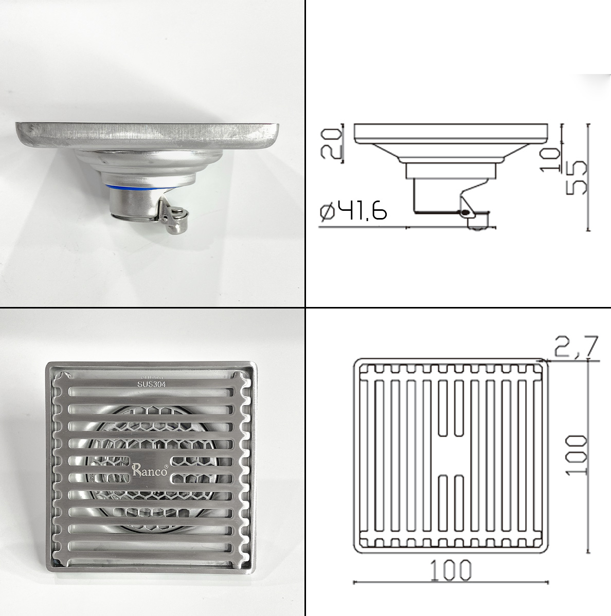 Ga thoát sàn 10cm inox 304 RC-274A