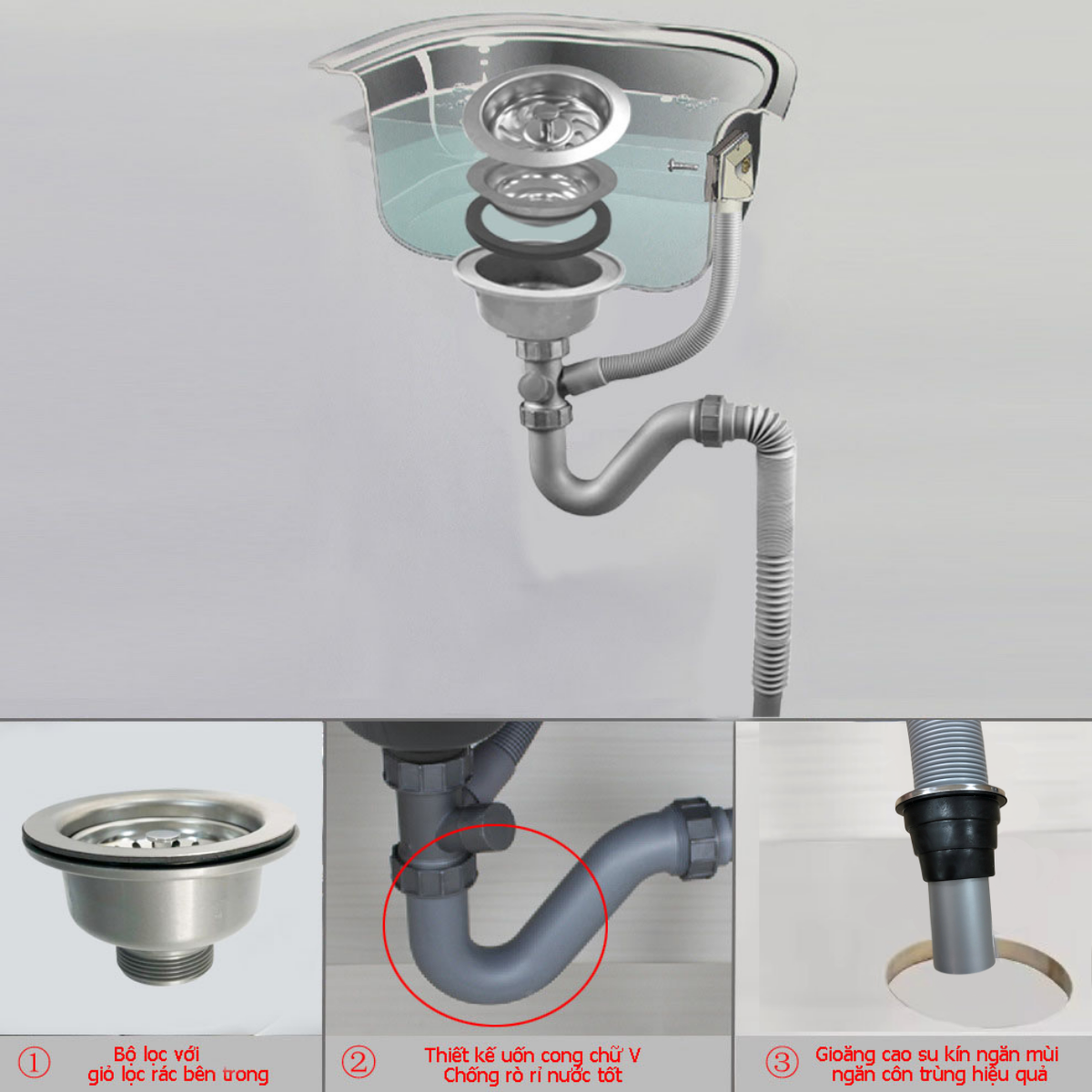 Xi phông ống xả chậu rửa chén bát 1 hố RC-152