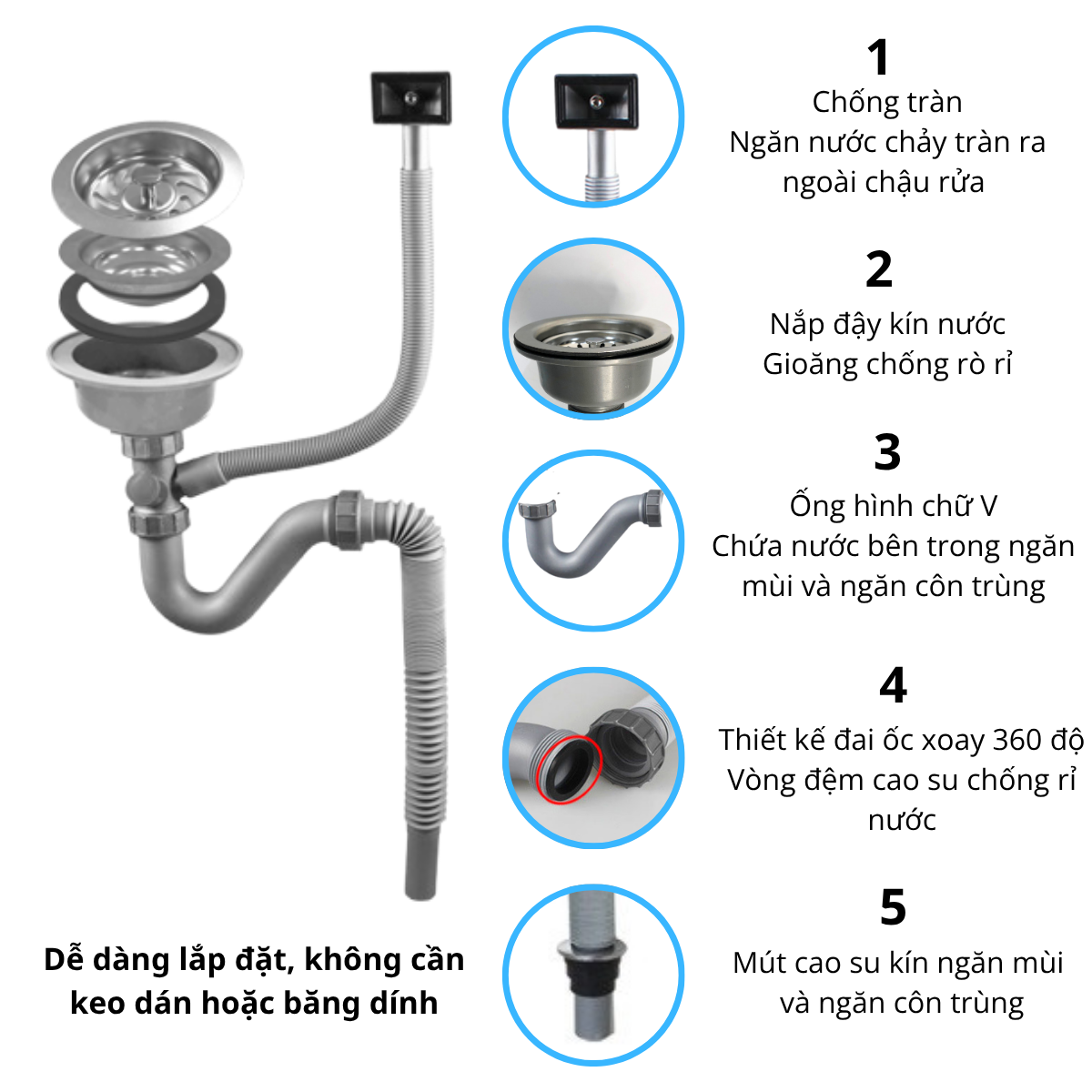 Xi phông ống xả chậu rửa chén bát 1 hố RC-152