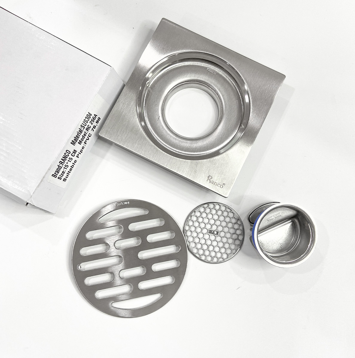 Phễu thoát sàn, ga thoát sàn ngăn mùi RANCO 15cm inox 304 ngăn rác thoát nước nhanh phi 69 RO-256A