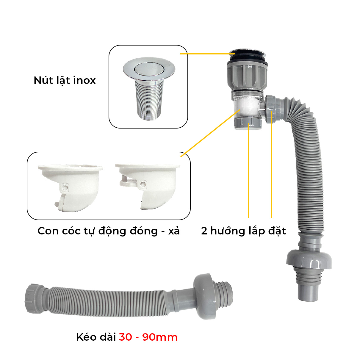 Xi phông chậu rửa tay xả lật mặt inox RC-902