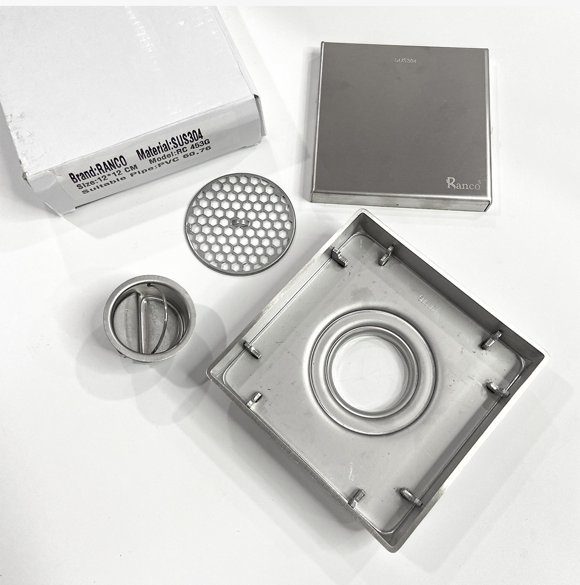 Phễu thoát sàn chống mùi hôi, ga thoát sàn RANCO 12cm inox 304 ngăn rác, thoát nước nhanh RO-453G