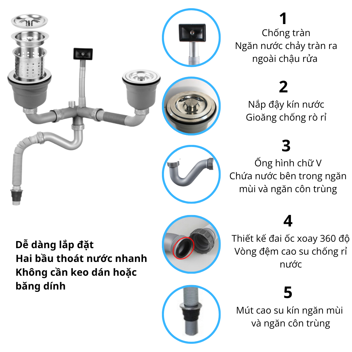 Xi phông ống xả chậu rửa chén bát 2 hố RC-251
