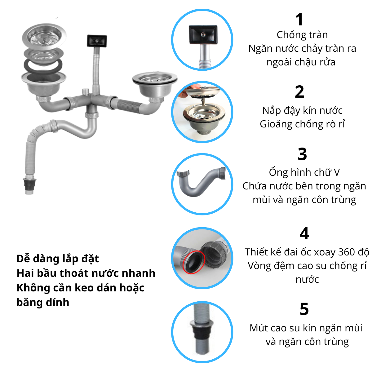 Xi phông ống xả chậu rửa chén bát 2 hố RC-252