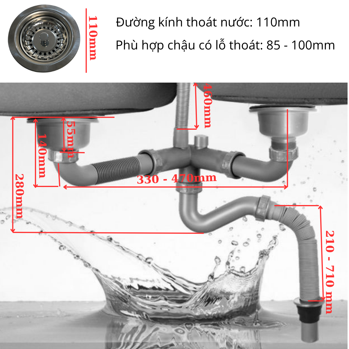 Xi phông ống xả chậu rửa chén bát 2 hố RC-252