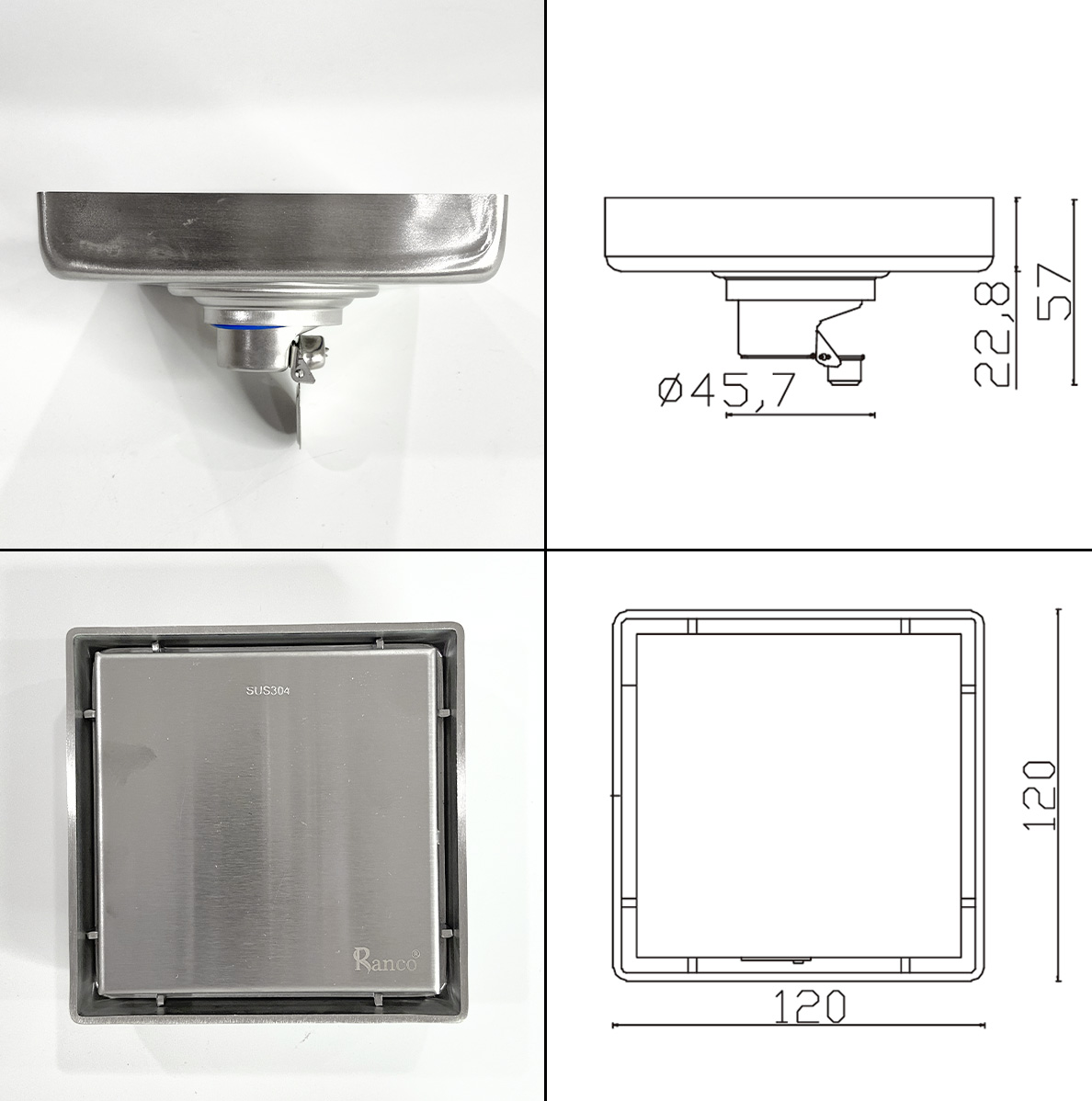 Phễu thoát sàn chống mùi hôi, ga thoát sàn RANCO 12cm inox 304 ngăn rác, thoát nước nhanh RO-453G