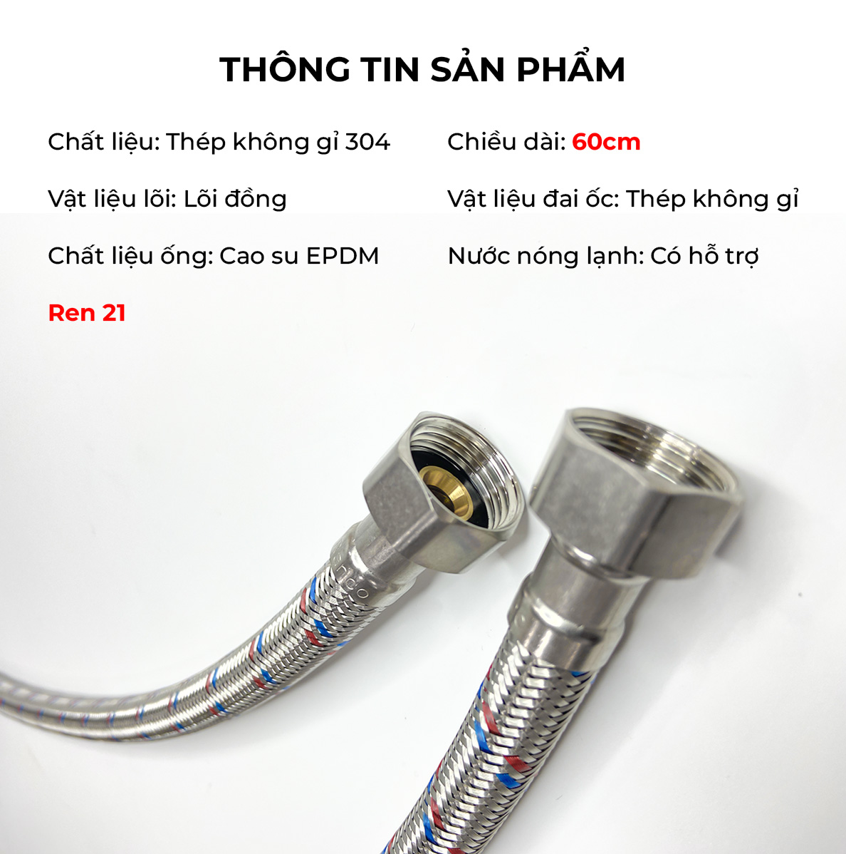 Dây Cấp Nước 2 đầu Inox 304 60cm BF+F+F 0.6M
