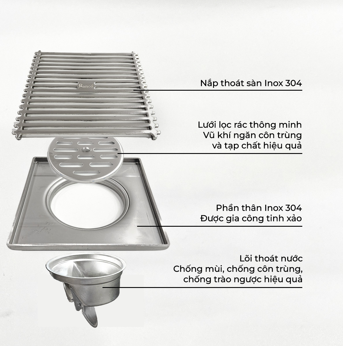 Phễu thoát sàn chống mùi hôi, ga thoát sàn RANCO 15cm inox 304 ngăn rác, thoát nước nhanh RO-295A