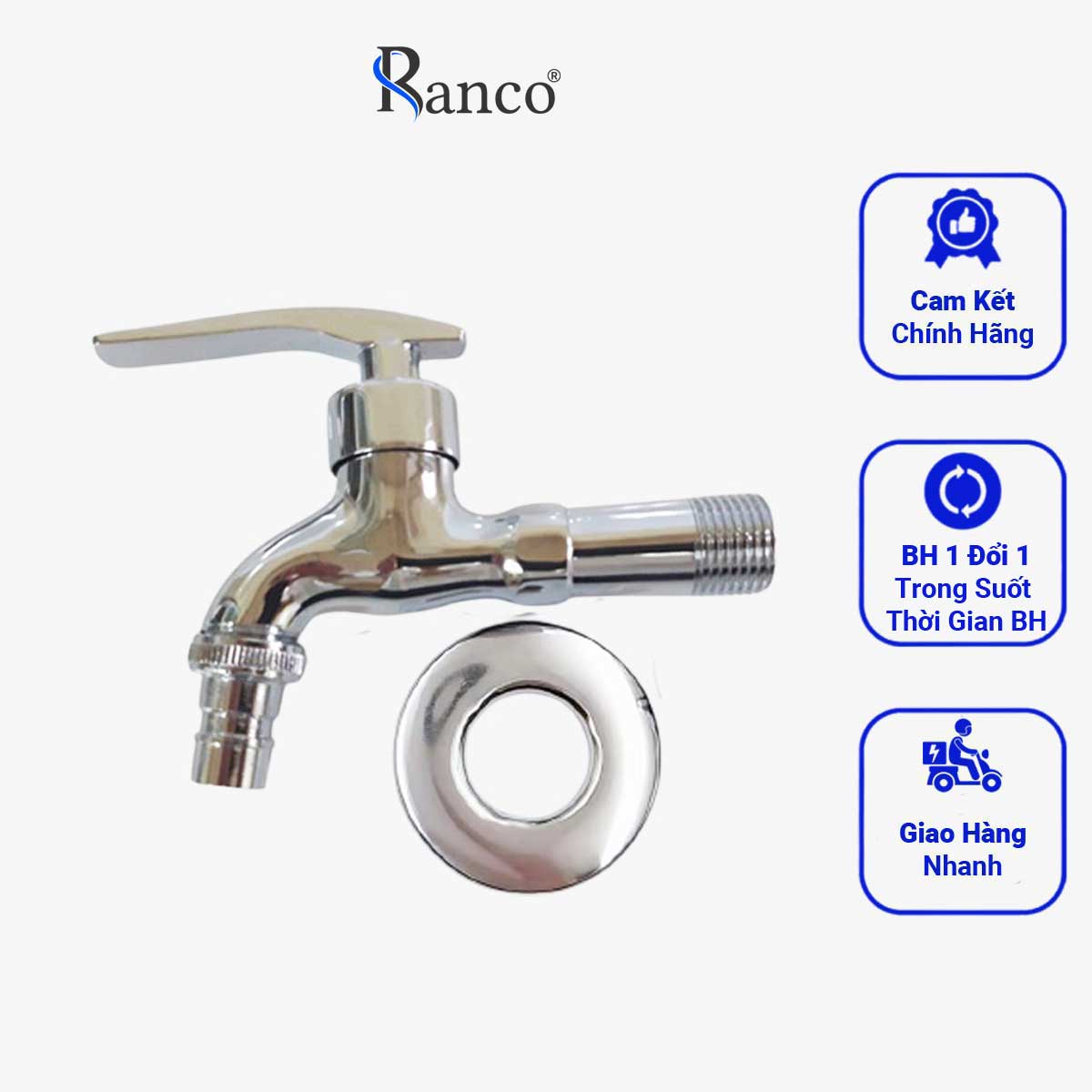 Vòi Xả Hồ Cấp Nước Máy Giặt Xả Rửa Sàn Phòng Tắm, Chất Liệu Đồng Mạ Chrome, Vòi Hồ Tay Gạt RANCO RC-12