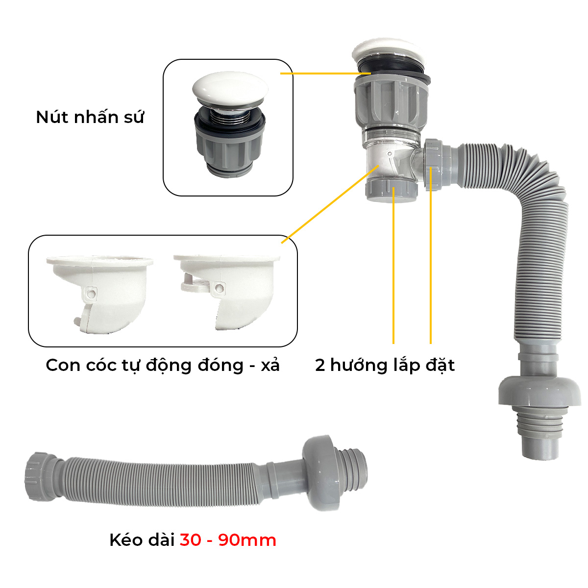 Xi phông chậu rửa tay xả nhấn mặt sứ RC-905