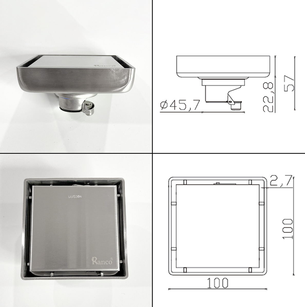 Phễu thoát sàn chống mùi hôi, ga thoát sàn RANCO inox 304 ngăn rác,thoát nước nhanh phi 45.6 RO-450G