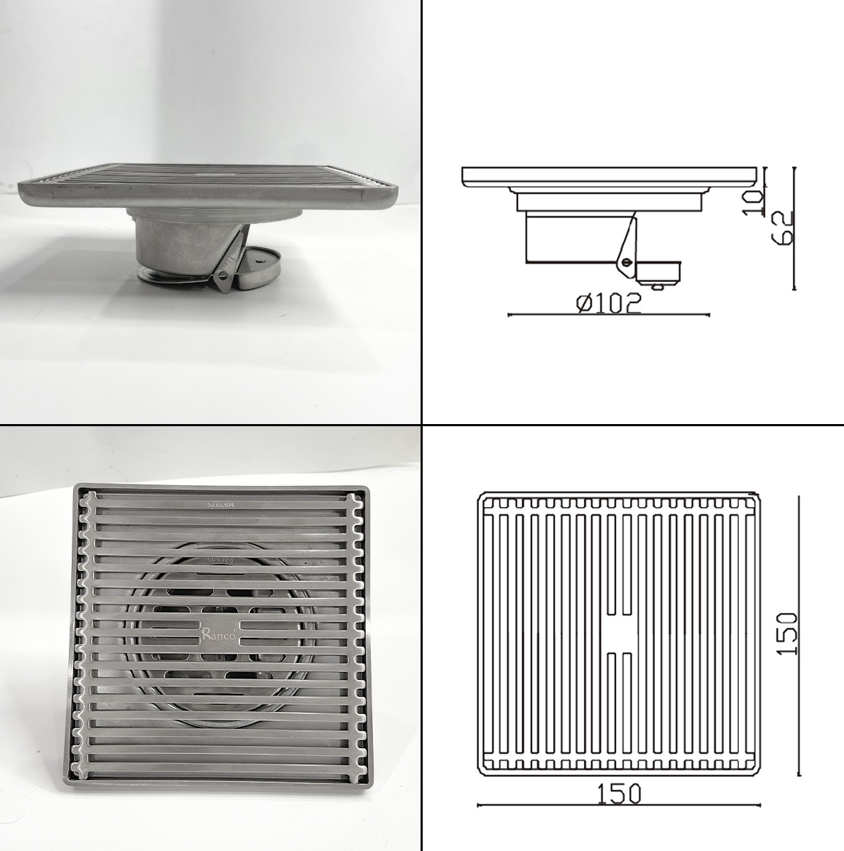 Phễu thoát sàn chống mùi hôi, ga thoát sàn RANCO 15cm inox 304 ngăn rác, thoát nước nhanh RO-295A