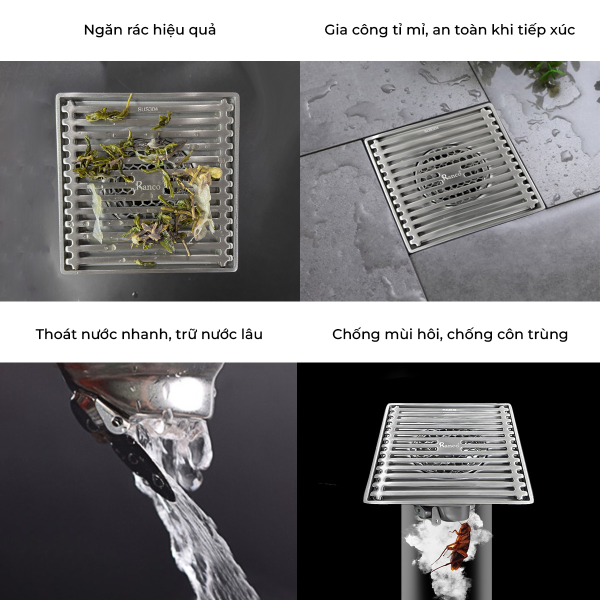 Phễu thoát sàn chống mùi hôi, ga thoát sàn RANCO 15cm inox 304 ngăn rác, thoát nước nhanh RO-295A