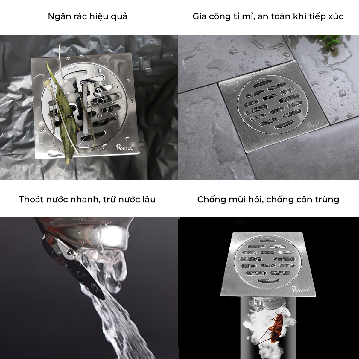 Ga thoát sàn inox 304 phi 69 phù hợp ống 76,90mm RC-255A