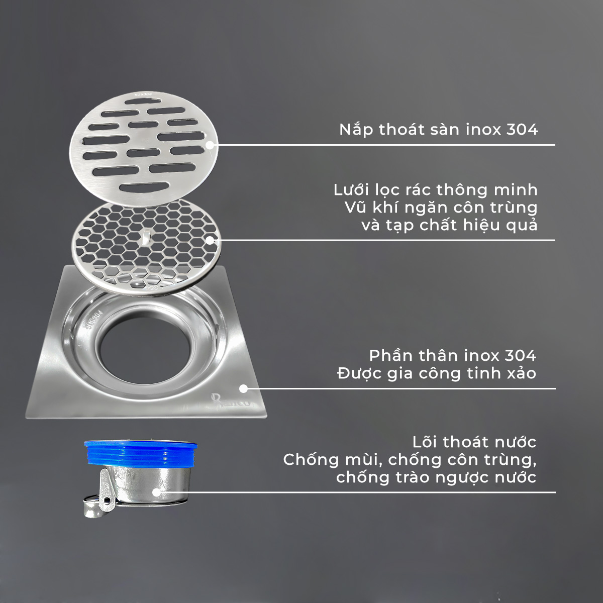 Ga thoát sàn inox 304 phi 69 phù hợp ống 76,90mm RC-255A