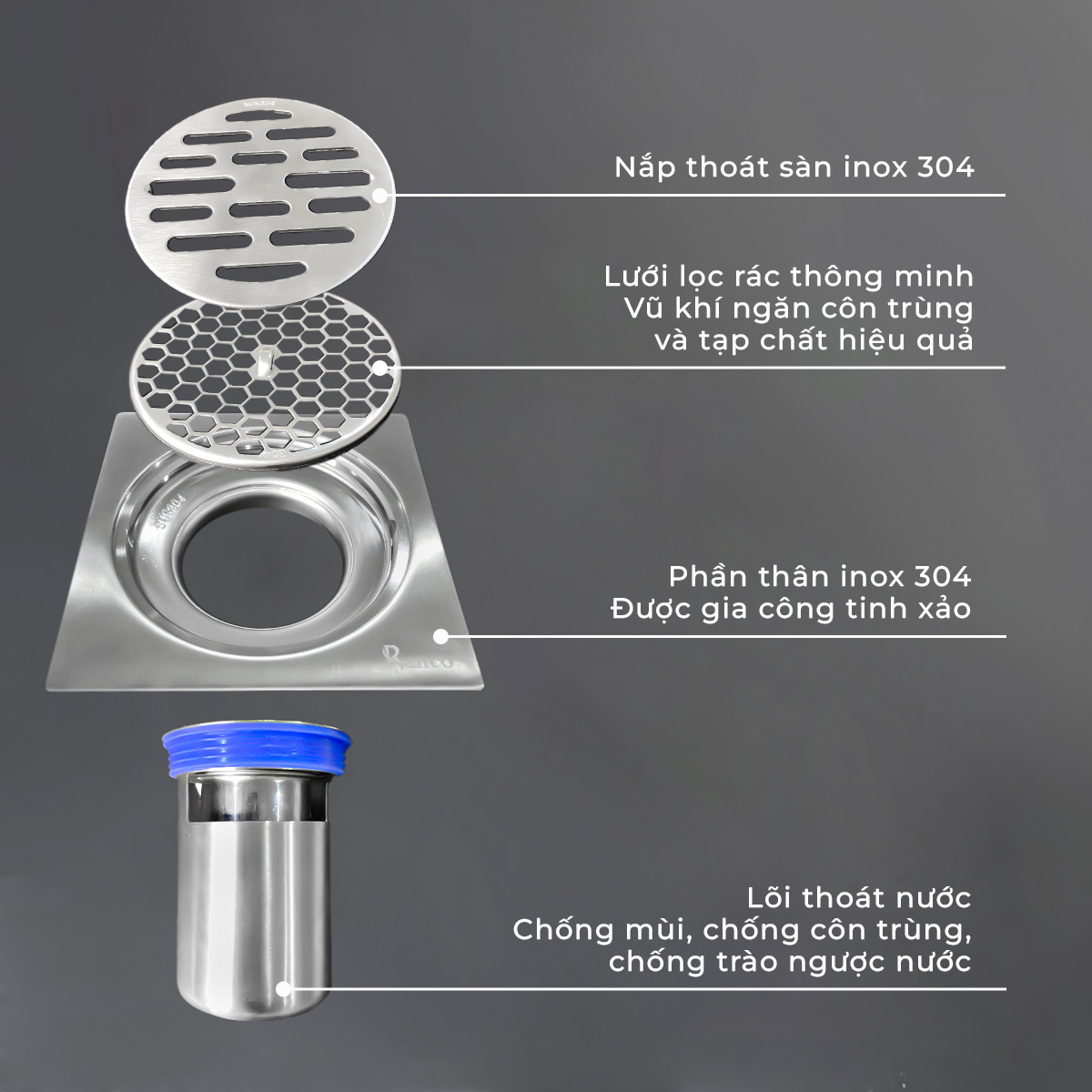 Ga thoát sàn inox 304 phi 60 phù hợp ống 76, 90, 110mm RC-255E
