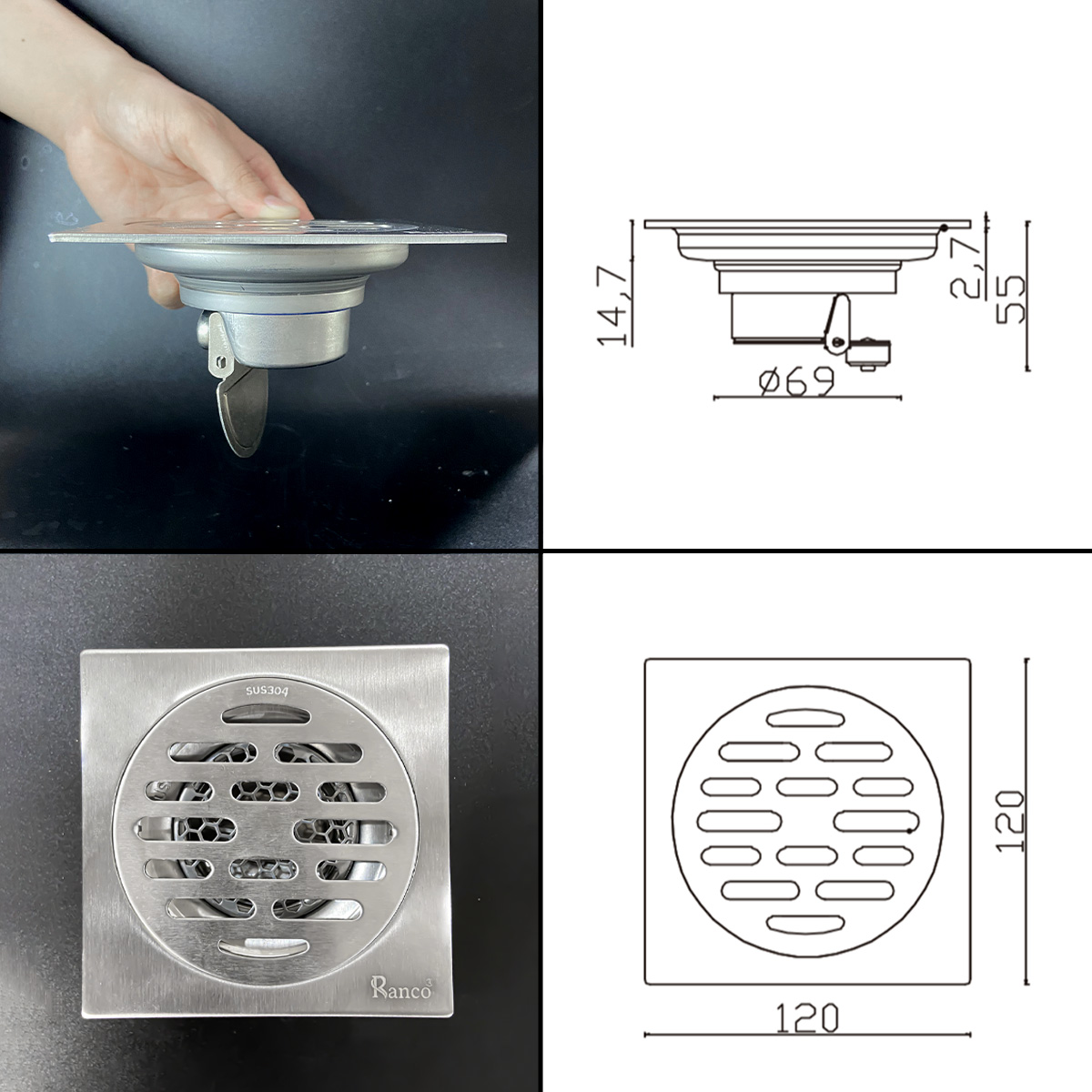 Ga thoát sàn inox 304 phi 69 phù hợp ống 76,90mm RC-255A