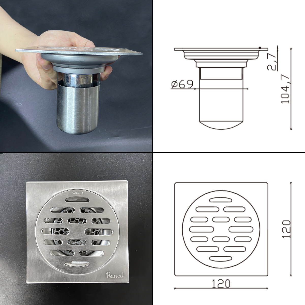 Ga thoát sàn inox 304 phi 60 phù hợp ống 76, 90, 110mm RC-255E