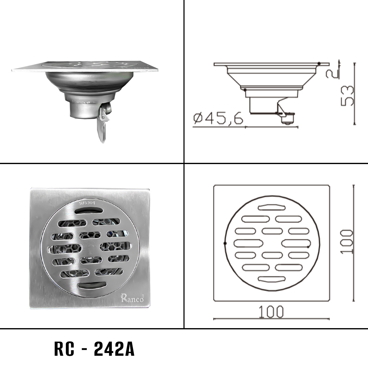 Ga thoát sàn inox 304 đường kính 10cm phi 45.6 RC-242A